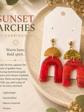 Handcrafted Red and Gold Arch Earrings - Warm Marbled Style